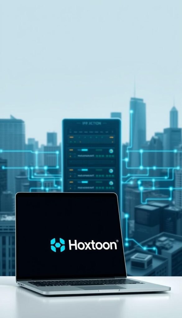 A professional, sleek, and modern-looking IPTV service provider called Hoxtoon Provider. The foreground features a minimalist logo and branding on a stylish laptop or tablet screen, showcasing the provider's user interface and service offerings. The middle ground depicts a network of servers, routers, and other digital infrastructure, symbolizing the reliable and high-performance backend that powers the IPTV service. The background presents a cityscape with skyscrapers, conveying a sense of a thriving, tech-savvy urban environment. The lighting is crisp and clean, with a cool color palette that emphasizes the digital and technological nature of the scene. The overall mood is one of trust, efficiency, and innovation, reflecting the legal and compliant nature of the IPTV service.