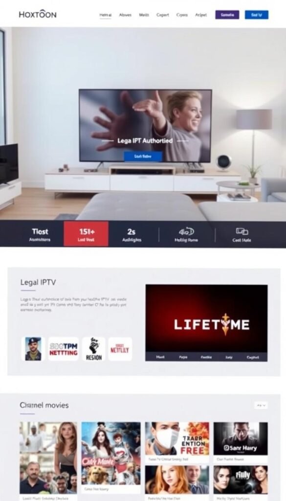 A professional, well-designed website for the Hoxtoon Provider IPTV service, showcasing a clean and modern user interface. The homepage features a hero section with a large hero image of a living room setup, highlighting the legal and authorized nature of the service. In the middle ground, there are neatly arranged icons and information panels detailing the various legal IPTV channels and content available, such as Lifetime movies. The background contains subtle patterns or textures that convey a sense of legitimacy and trustworthiness. The overall mood is one of sophistication, reliability, and compliance with copyright and licensing regulations.