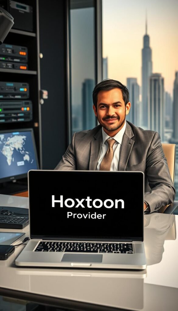 A professional, well-dressed business person sitting at a modern office desk, surrounded by advanced technology and secure networking equipment, conveying a sense of reliability and trustworthiness. In the foreground, a laptop displays the "Hoxtoon Provider" logo, representing a reputable IPTV service. The background features a cityscape of Dubai's iconic skyscrapers, emphasizing the local context. The lighting is soft and natural, creating a warm and inviting atmosphere. The overall composition and attention to detail suggest a high-quality, dependable IPTV supplier.