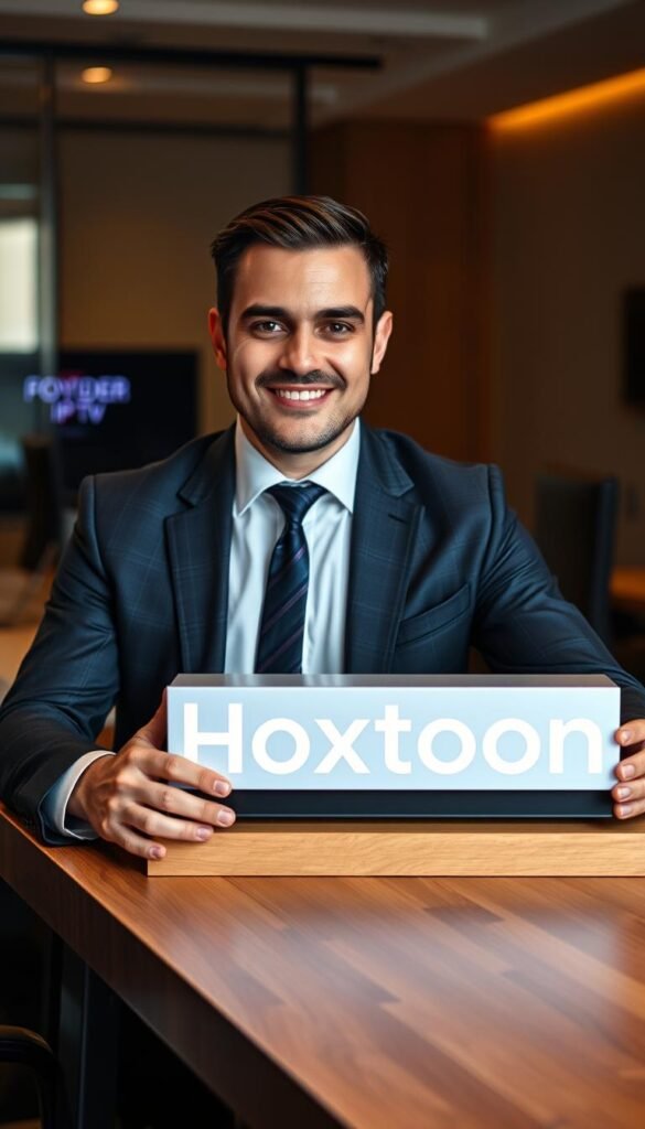 A professional, well-dressed man confidently presenting the Hoxtoon Provider IPTV service on a stylish wooden desk. Warm, focused lighting highlights his trustworthy expression and the sleek Hoxtoon branding. In the background, a modern office setting with subtle technology elements conveys a sense of reliability and expertise. The overall mood is one of authority, quality, and a customer-centric IPTV reseller business.