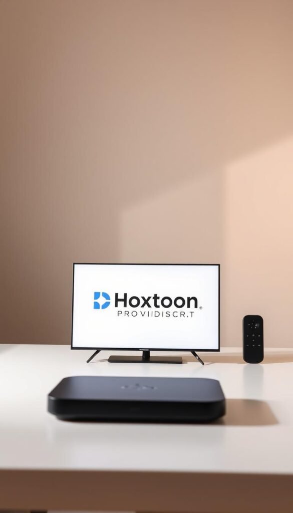 A professional, well-lit studio photograph of the Hoxtoon Provider IPTV service. The scene features a clean, minimalist table setup with the Hoxtoon Provider logo prominently displayed on a sleek, modern device. The background is a softly blurred gray gradient, placing the focus entirely on the product. The lighting is warm and natural, creating a sense of quality and trustworthiness. The camera angle is slightly elevated, giving the image an aspirational, high-end feel. The overall mood is one of sophistication, reliability, and legal compliance for IPTV services in the United States.