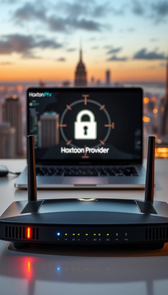 A secure IPTV service provider, Hoxtoon Provider, showcasing its protective measures. In the foreground, a sleek, modern router with flashing indicator lights symbolizes the secure network infrastructure. In the middle ground, a laptop display depicts a stylized lock icon, representing the encrypted data transmission. The background features a cityscape skyline, conveying the global reach and reliability of the Hoxtoon Provider's IPTV service. The scene is illuminated by a warm, ambient lighting, creating a sense of trustworthiness and professionalism. The overall composition conveys the secure and reliable nature of the Hoxtoon Provider IPTV service.