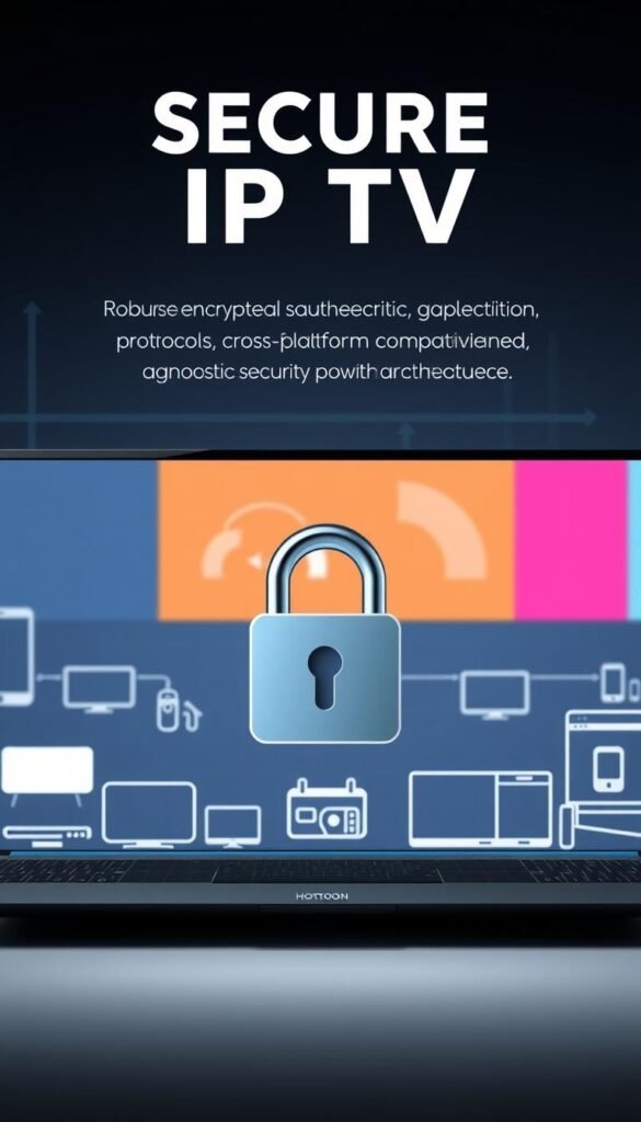 A secure IPTV service with the Hoxtoon Provider brand, featuring a sleek, modern interface. In the foreground, a stylized lock icon symbolizes robust encryption and authentication protocols. The middle ground showcases various device icons, representing cross-platform compatibility and device-agnostic security. In the background, a minimalist wireframe grid suggests the secure infrastructure and network architecture powering the IPTV service. The overall mood is one of assurance, reliability, and technological sophistication, conveying the security features that safeguard users' IPTV experience.
