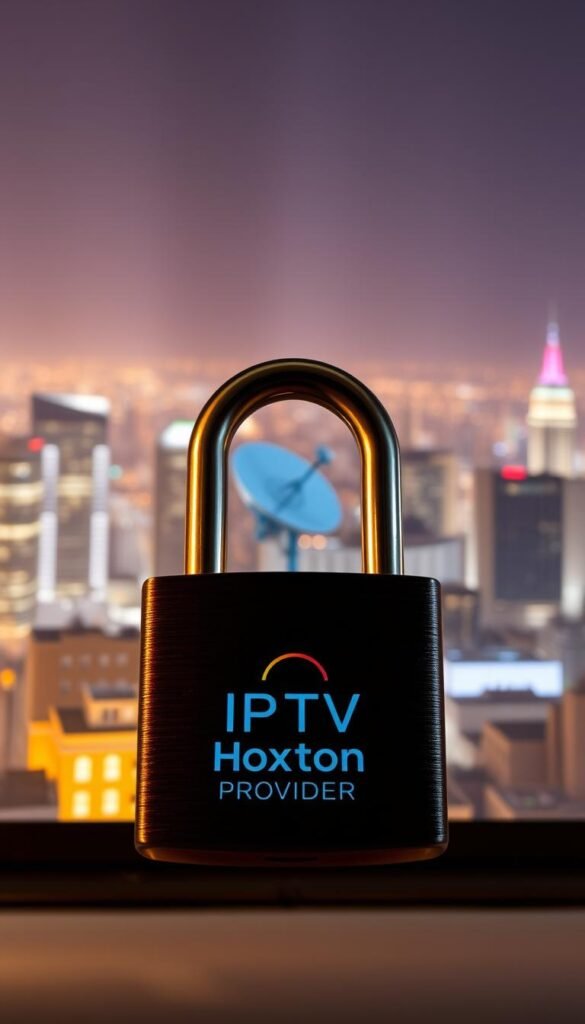 A secure IPTV service with the Hoxtoon Provider logo prominently displayed. The foreground shows a locked padlock, symbolizing the robust security measures in place. The middle ground features a stylized satellite dish, hinting at the reliable streaming infrastructure. The background depicts a cityscape at night, conveying the ubiquity and accessibility of the IPTV service. The scene is illuminated by a warm, ambient lighting, creating a sense of trust and reliability. The overall composition suggests the secure and trustworthy nature of the Hoxtoon Provider IPTV service.