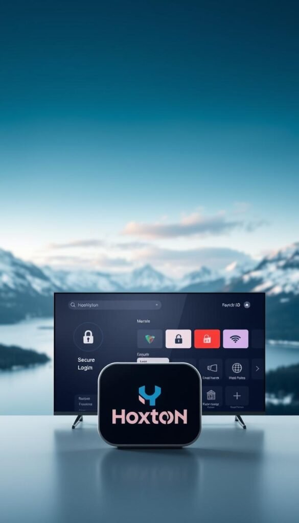 A secure and private IPTV service set against the backdrop of the serene Nordic landscape. In the foreground, the Hoxtoon Provider logo stands out, conveying reliability and trustworthiness. The middle ground features a sleek, modern user interface with secure login and encrypted streaming capabilities. In the background, the majestic fjords and snow-capped mountains of Scandinavia create a calming, natural ambiance. Soft, diffused lighting illuminates the scene, emphasizing the sense of security and privacy. The overall tone is one of tranquility and confidence in the Hoxtoon Provider's ability to deliver a top-tier IPTV experience.