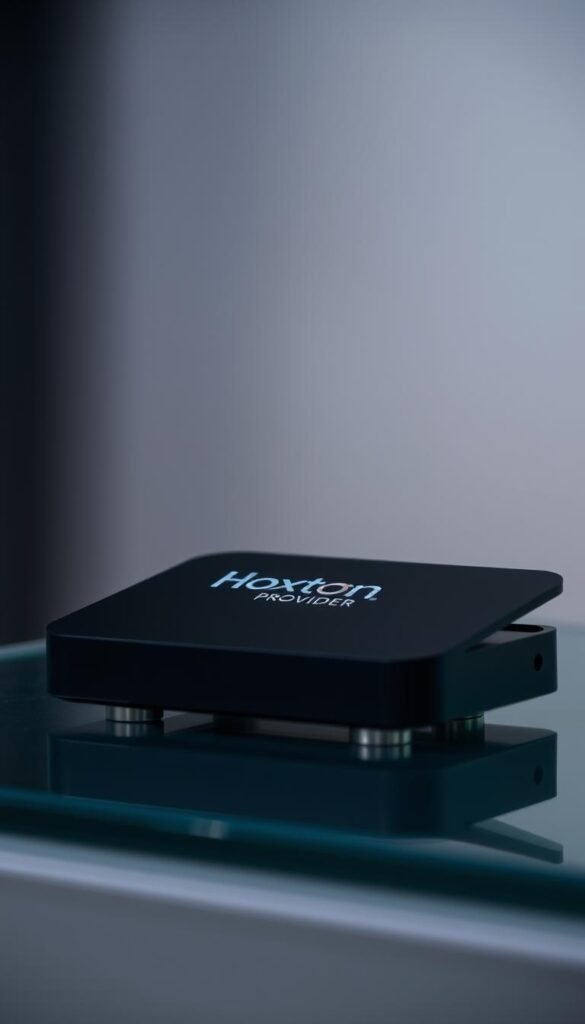A secure and private IPTV service with adult channels, featuring the Hoxtoon Provider brand. A close-up view of a modern streaming device, sleek and minimalist in design, with subtle branding. The device is situated on a glass or metal surface, surrounded by a soft, diffused lighting that creates a sense of sophistication and discretion. The background is blurred, with muted tones that complement the device's aesthetic. The overall mood conveys a discreet, high-quality, and trustworthy adult IPTV service that prioritizes user privacy and security.