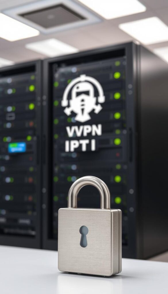 A secure and private IPTV system with the Hoxtoon Provider brand prominently displayed. In the foreground, a locked padlock icon symbolizes the robust encryption and access controls. In the middle ground, a virtual private network (VPN) logo conveys the anonymity and privacy features. In the background, a data server rack suggests the reliable infrastructure powering the IPTV service. The lighting is crisp and professional, with a neutral color palette that evokes a sense of trustworthiness and dependability. The composition is balanced, with the key security elements positioned strategically to draw the viewer's attention.