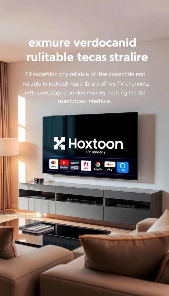 A secure and reliable IPTV service provided by Hoxtoon Provider, featuring a clean and intuitive interface. The service offers a vast library of live TV channels, on-demand content, and a user-friendly experience. The image depicts a modern living room setting, with a sleek, minimalist television display showcasing the Hoxtoon Provider logo and UI. Soft, natural lighting illuminates the scene, creating a warm and inviting atmosphere. The overall composition conveys a sense of trust, accessibility, and the seamless integration of technology into everyday life.