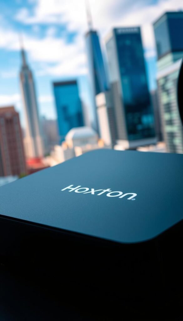 A secure and reliable IPTV service provider, Hoxtoon Provider, showcasing a sleek and modern interface. A close-up view of the provider's branded hardware device, featuring clean lines, a minimalist design, and intuitive controls. In the background, a vibrant cityscape with towering skyscrapers and a clear, blue sky, representing the global reach and future-proof nature of the service. Soft, directional lighting accentuates the device's premium materials and attention to detail, exuding a sense of quality and dependability. The overall scene conveys a future-oriented, trustworthy, and sophisticated IPTV experience.