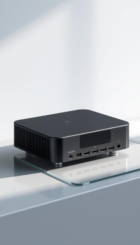 A secure and sleek 2026 IPTV box by Hoxtoon Provider, showcasing its advanced security features. The device sits atop a minimalist glass or metal surface, bathed in soft, directional lighting that highlights its clean lines and premium materials. The box's front panel features discreet touch-sensitive controls and status indicators, while the sides display various ports and connectors. In the background, a subtle pattern of geometric shapes or minimalist icons suggests the box's network connectivity and data protection capabilities. The overall mood is one of modern, high-tech sophistication, conveying the box's ability to safeguard user privacy and provide a seamless, secure IPTV experience.