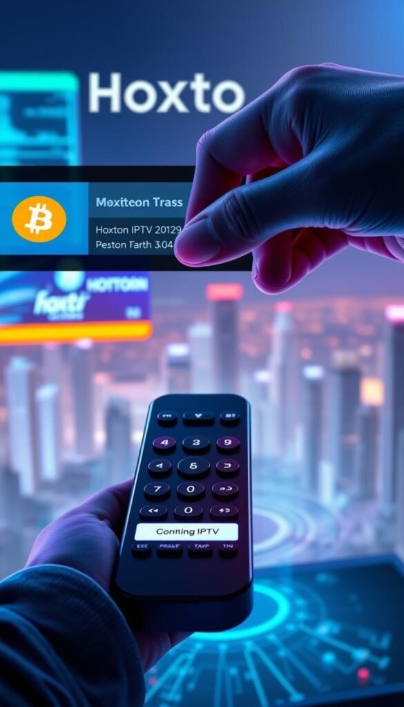 A secure cryptocurrency transaction taking place between a customer and the Hoxtoon IPTV provider. In the foreground, a digital wallet interface displays the transaction details, including the Bitcoin logo and confirmation status. The middle ground features a stylized IPTV remote control, symbolizing the integration of streaming services and cryptocurrency. The background showcases a futuristic cityscape with holographic displays, hinting at the evolving landscape of entertainment and finance. The scene is bathed in a cool, neon-infused lighting, creating an atmosphere of technological innovation and digital security.