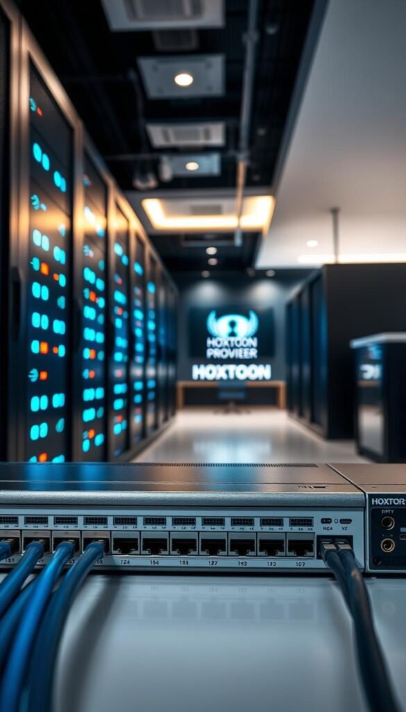 A secure data center with rows of rack-mounted servers, blinking lights, and a stylized "Hoxtoon Provider" logo visible. The scene is illuminated by soft, diffused lighting, creating a sense of professionalism and reliability. In the foreground, a network switch with various ports and cables, symbolizing the secure connectivity at the heart of the IPTV service. In the background, a sleek, modern office space with minimalist decor, conveying a sense of trust and credibility. The overall atmosphere is one of technological sophistication and robust security measures, befitting the legal considerations for US viewers of the IPTV service.