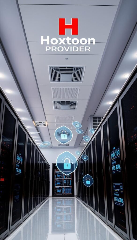 A secure data center with sleek, modern architecture, featuring the Hoxtoon Provider logo prominently displayed. The interior is well-lit, with a clean, minimalist design and state-of-the-art server racks. Holographic displays showcase real-time network activity and security metrics, conveying a sense of reliability and trustworthiness. The atmosphere is professional and high-tech, reflecting the legal and responsible nature of the IPTV service. The camera angle is slightly elevated, providing a comprehensive view of the secure facility.