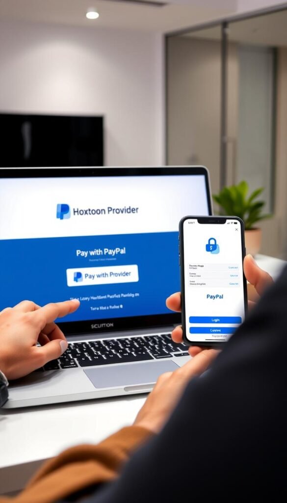 A secure online transaction between a customer and the Hoxtoon Provider IPTV service, showcasing the PayPal payment option. In the foreground, a laptop screen displays the Hoxtoon Provider website with a clear "Pay with PayPal" button. The customer's hand hovers over the button, ready to complete the secure payment. In the middle ground, a smartphone displays the PayPal login screen, emphasizing the ease and safety of the transaction. The background features a minimalist, modern office setting with clean lines and subtle lighting, conveying a sense of professionalism and trust.