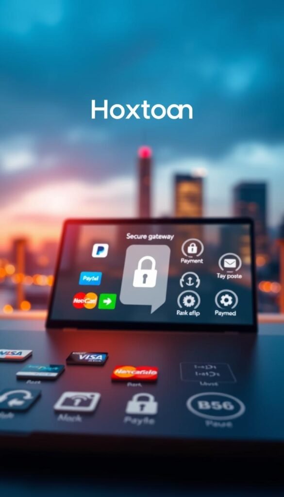 A secure payment gateway with the Hoxtoon Provider logo prominently displayed on a sleek, modern interface. In the foreground, various payment method icons like PayPal, credit card, and bank transfer are arranged in a visually appealing layout. The middle ground features a laptop or mobile device screen showcasing the secure checkout process, with padlock icons and trust seals to convey safety and reliability. The background depicts a blurred cityscape, suggesting a professional, enterprise-level solution. Warm lighting creates a welcoming atmosphere, while the overall composition communicates efficiency, trust, and financial protection.