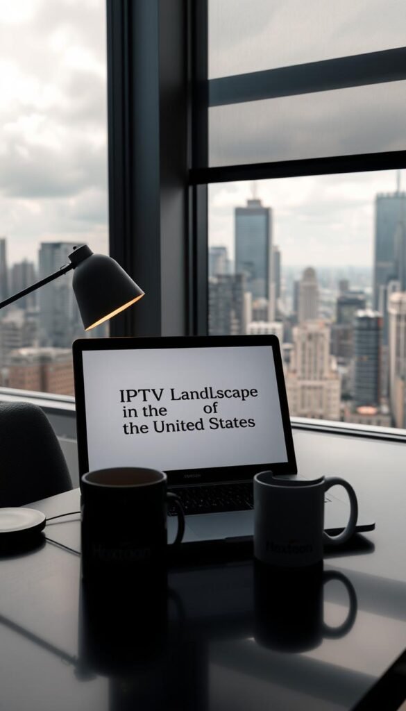 A serene, dimly lit office setting with a laptop displaying a legal document titled "IPTV Legal Landscape in the United States". The laptop is placed on a sleek, modern desk, accompanied by a stylish desk lamp casting a warm glow. In the background, a large window offers a view of a bustling city skyline, conveying a sense of professionalism and authority. On the desk, a Hoxtoon Provider branded mug stands alongside the laptop, hinting at the subject's connection to the IPTV industry. The overall atmosphere is one of thoughtful contemplation and legal expertise.