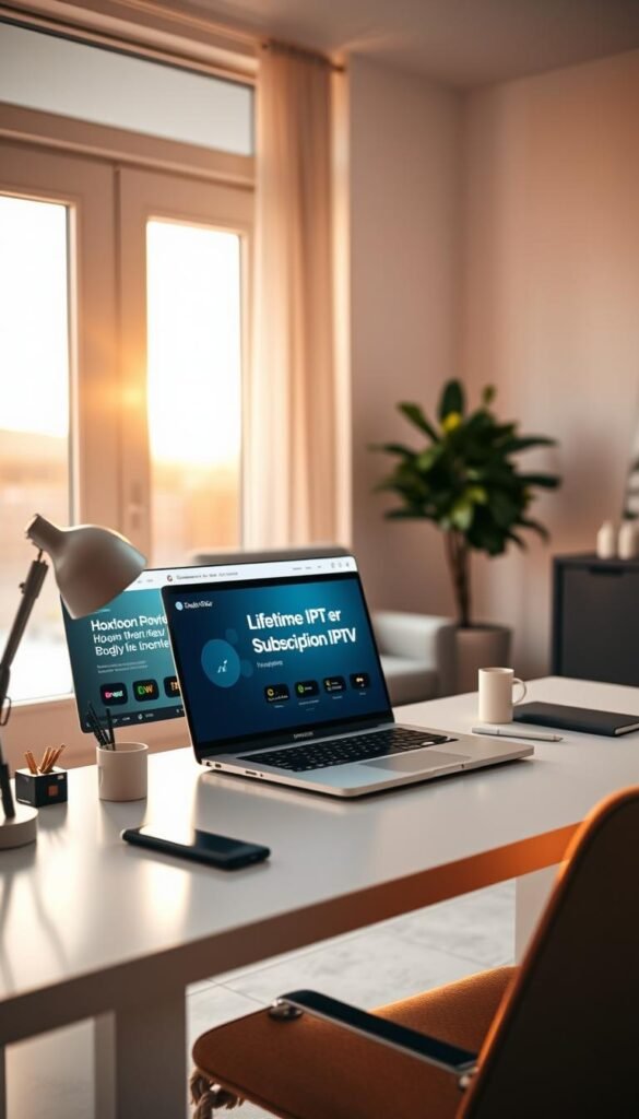 A serene home office setting, illuminated by warm, natural lighting filtering through large windows. In the foreground, a sleek, minimalist desk showcases a laptop displaying a website offering "Hoxtoon Provider Lifetime IPTV Subscription Plans". Carefully arranged alongside the laptop are stylish office accessories, creating a cohesive and visually appealing composition. The middle ground features a comfortable armchair, inviting the viewer to imagine the convenience and cost-savings of a lifetime IPTV subscription. The background blends soft, muted tones, conveying a sense of tranquility and focus, perfectly suited for the contemplation of the economic benefits of a Hoxtoon Provider lifetime IPTV plan.