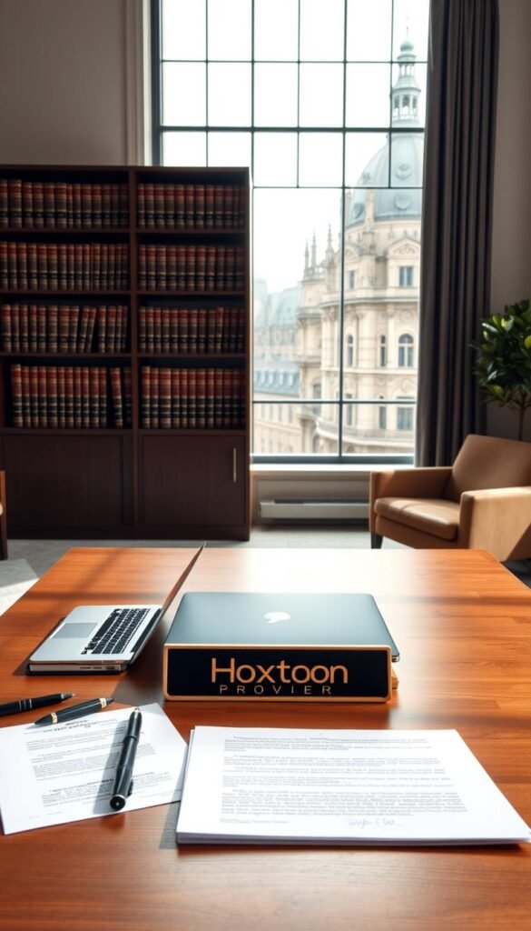 A serene law office interior with minimalist decor, natural lighting, and a large window overlooking the Brussels skyline. In the foreground, a wooden desk with a laptop, a stack of legal documents, and a stylized nameplate that reads "Hoxtoon Provider". The middle ground features a bookshelf filled with leather-bound law books, and a comfortable armchair. The background showcases the iconic architecture of the Belgian capital, blending traditional and modern elements. The overall atmosphere conveys a sense of professionalism, expertise, and attention to detail, reflecting the legal considerations surrounding IPTV in Belgium.