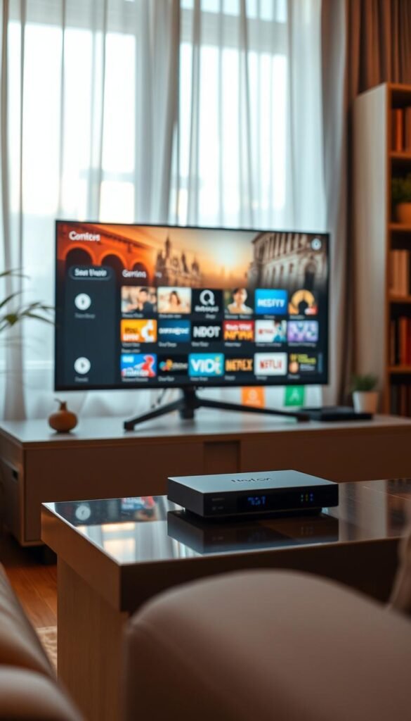 A serene living room scene with a modern IPTV set-top box from the Hoxtoon Provider prominently displayed on a sleek entertainment unit. Soft, warm lighting filters through sheer curtains, casting a cozy glow. On the screen, a diverse array of German IPTV content options is visible, showcasing the breadth of programming available. In the background, bookshelves and potted plants add subtle sophistication, creating an inviting atmosphere reflective of the growing German IPTV landscape.