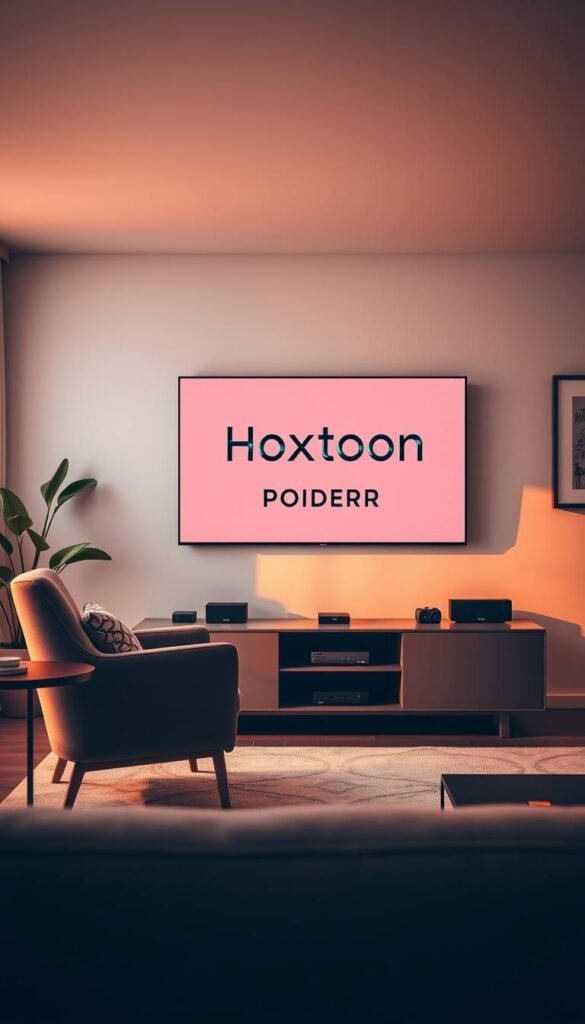 A serene living room setting, illuminated by warm natural light from a large window. The focal point is a modern, sleek television displaying the Hoxtoon Provider logo, signifying the evolution of television entertainment. In the foreground, a cozy armchair and side table, conveying a sense of comfort and relaxation. The middle ground features a minimalist media console, housing various IPTV streaming devices. The background showcases a clean, minimalist interior design, with subtle hints of greenery and modern artwork, creating a sophisticated and inviting atmosphere.