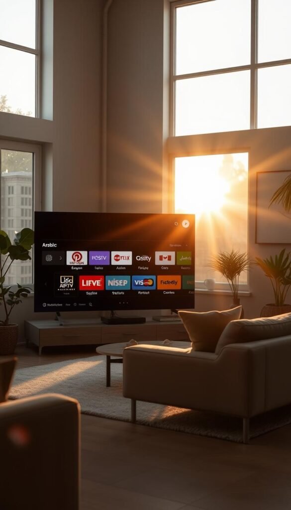 A serene living room setting, illuminated by warm, natural lighting streaming through large windows. In the foreground, a sleek, minimalist TV display showcases the Hoxtoon Provider IPTV service, offering a seamless selection of high-definition Arabic channels. The middle ground features a comfortable, modern sofa and coffee table, creating an inviting atmosphere. In the background, subtle décor elements, such as lush plants and abstract artwork, complement the overall aesthetic. The scene conveys a sense of comfort, entertainment, and cultural connection, perfectly capturing the appeal of IPTV as the ideal solution for accessing Arabic content in Germany.