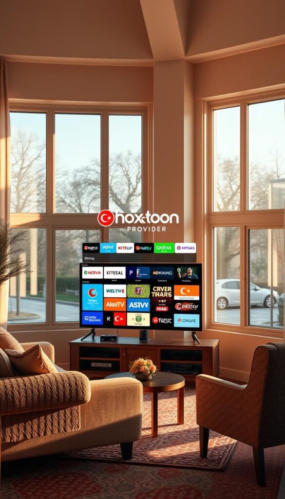A serene living room setting with a flat-screen TV displaying the Hoxtoon Provider logo, showcasing a diverse selection of Turkish TV channels. The room is bathed in warm, natural lighting filtering through large windows, creating a cozy and inviting atmosphere. A comfortable couch and armchair are positioned facing the TV, suggesting a relaxed and immersive viewing experience. The room's decor incorporates subtle Turkish-inspired elements, such as patterned textiles or traditional artwork, complementing the theme. The overall composition conveys a sense of comfort, quality, and the ability to access a wide range of Turkish programming from the convenience of one's own home.