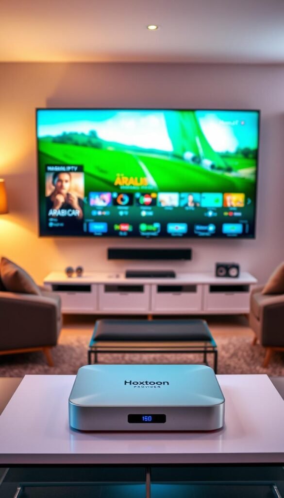 A serene living room setting with a large, high-definition television displaying a crystal-clear, vibrant image of an IPTV channel. The room is bathed in warm, soft lighting, creating a cozy and inviting atmosphere. In the foreground, a sleek, modern-looking media streaming device, labeled "Hoxtoon Provider", sits atop a minimalist entertainment center. The device's interface showcases a vast selection of Arabic IPTV channels, reflecting the optimal viewing experience. The middle ground features a comfortable couch and a coffee table, inviting the viewer to relax and immerse themselves in the content. The background features a large window, allowing natural light to filter in and complement the artificial lighting, creating a harmonious and visually appealing scene.