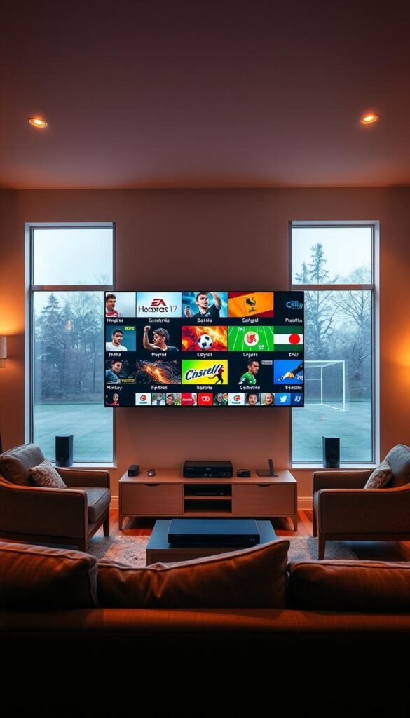 A serene living room with a large TV screen displaying a diverse array of international sports channels, representing the global reach of the Hoxtoon Provider IPTV service. The room is bathed in warm, soft lighting, creating a cozy and inviting atmosphere. In the foreground, a comfortable sofa and armchair provide the perfect spot for a sports enthusiast to enjoy the extensive coverage from around the world. The middle ground features a modern, minimalist entertainment system, seamlessly integrating the Hoxtoon Provider hardware. The background showcases large windows, allowing natural light to filter in and providing a sense of openness and connection to the outside world, symbolizing the global accessibility of the IPTV service.