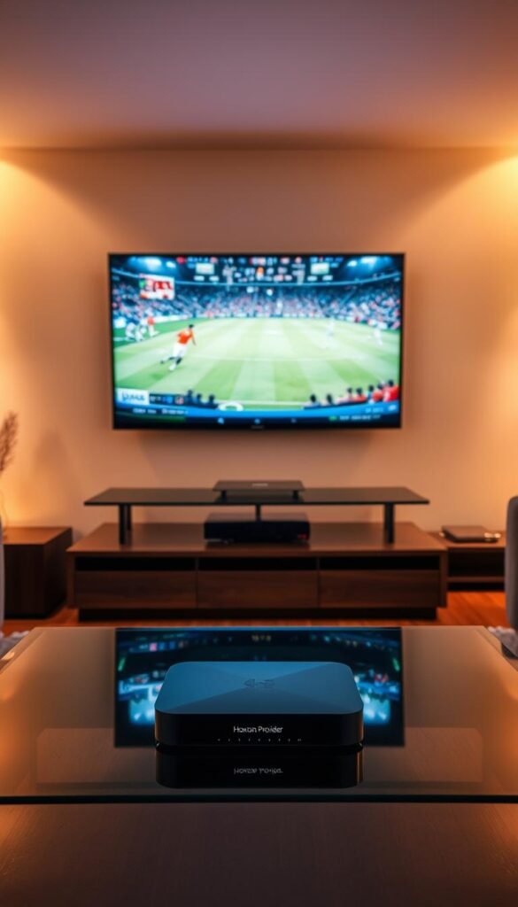A serene living room with a large flat-screen TV displaying a live sports event. The room is bathed in warm, diffused lighting, creating a cozy and inviting atmosphere. On the coffee table, a sleek, modern device labeled "Hoxtoon Provider" sits prominently, symbolizing the seamless IPTV experience. The view through the window reveals a vibrant cityscape, reflecting the excitement and energy of the live sports broadcast. The overall scene conveys the comfort and convenience of accessing a wide range of sports channels through an IPTV service.