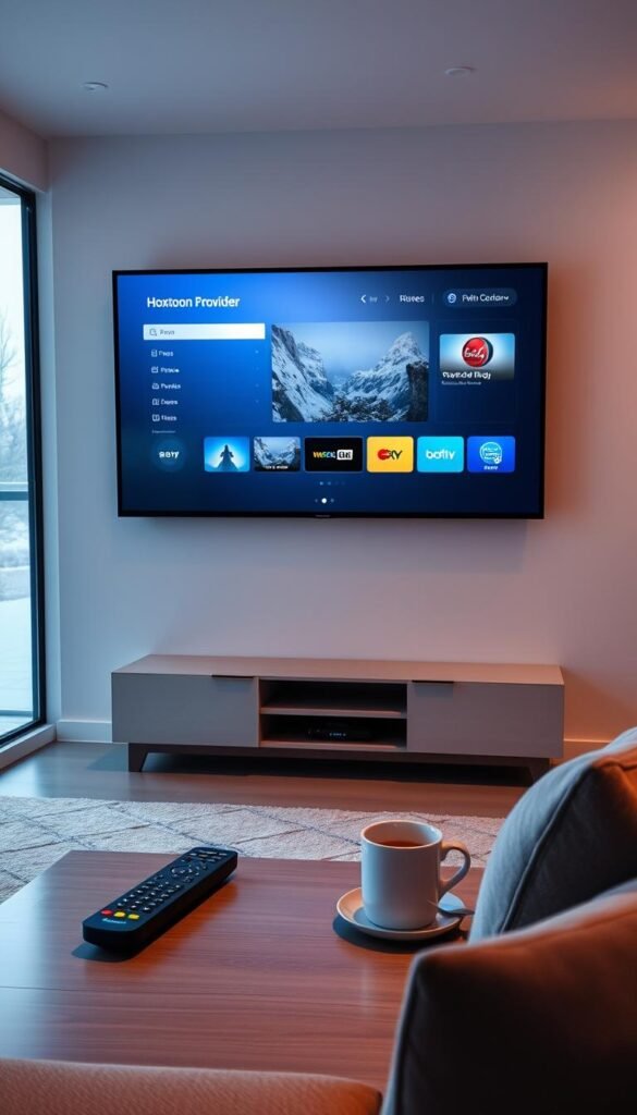 A serene living room with a large flat-screen TV mounted on the wall, showcasing the Hoxtoon Provider IPTV interface. Soft, warm lighting illuminates the space, creating a cozy and inviting atmosphere. On the coffee table, a modern remote control and a cup of hot beverage, hinting at the comfort of an at-home streaming experience. The room's neutral color palette and minimalist decor allow the TV screen to take center stage, highlighting the crisp, high-quality visuals of the IPTV service. Through the large window, a glimpse of the snowy Canadian landscape outside, emphasizing the seamless integration of technology and the comforts of home.