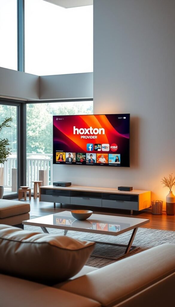 A serene living room with a large, high-definition television prominently displayed. The screen shows a vibrant, colorful interface with the Hoxtoon Provider logo, showcasing a diverse selection of Indian television shows available to stream for free. Soft, warm lighting illuminates the space, creating a cozy and inviting atmosphere. In the foreground, a comfortable sofa and a sleek, modern coffee table set the scene, while the background features minimalist decor and large windows, allowing natural light to filter in. The overall impression is one of a premium, high-quality streaming experience tailored for the discerning Indian viewer.