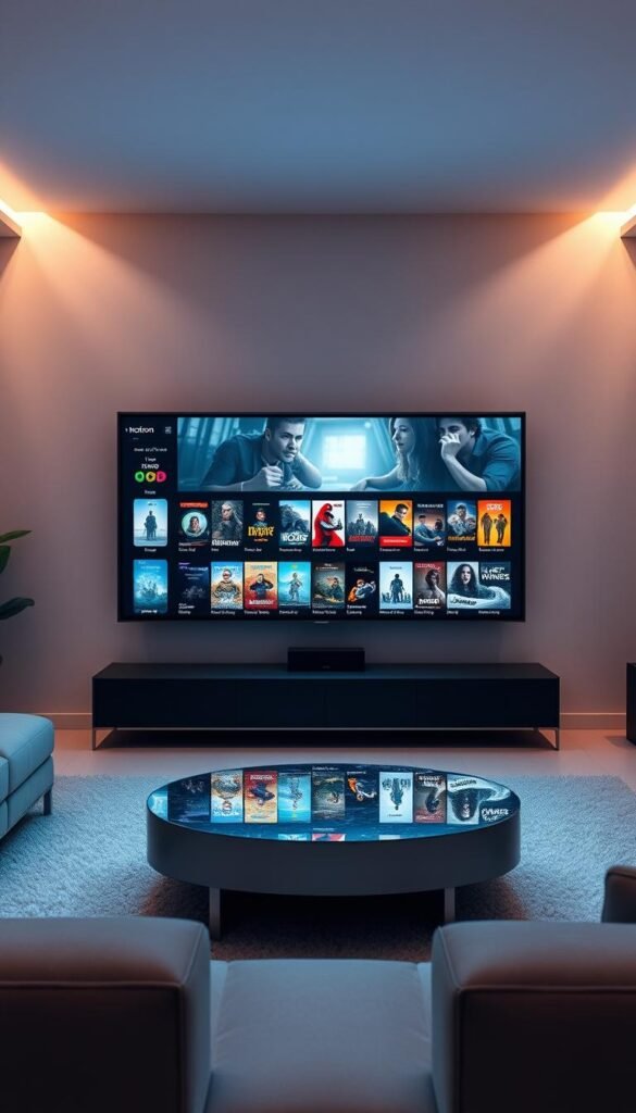 A serene, minimalist living room with a large, sleek HDTV display showcasing the impressive VOD library of the Hoxtoon Provider. Soft, diffused lighting illuminates the room, creating a cozy atmosphere. The display shows a visually stunning and diverse selection of movie and TV show thumbnails, hinting at the depth and quality of the Hoxtoon VOD collection. The room features modern, clean-lined furniture and decor, complementing the high-tech entertainment setup. A sense of comfort and relaxation pervades the scene, inviting the viewer to immerse themselves in the Hoxtoon VOD experience.