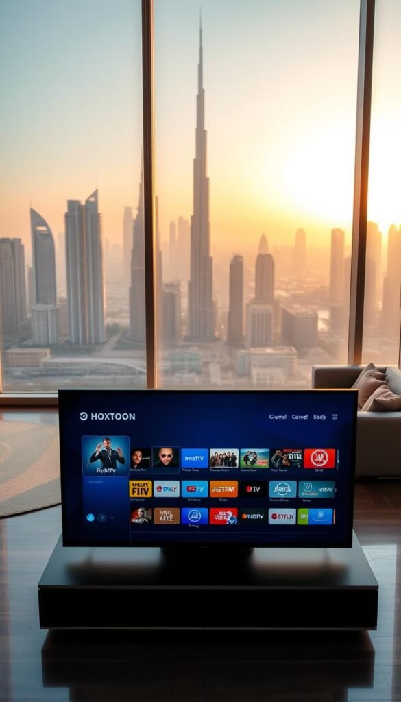 A serene, modern apartment interior with floor-to-ceiling windows overlooking the iconic skyline of Dubai. In the foreground, a sleek, minimalist TV stand displays the Hoxtoon Provider IPTV service interface, showcasing a diverse array of channel options. The middle ground features a comfortable living space with stylish furniture, creating a cozy and inviting atmosphere. The background reveals the stunning cityscape of Dubai, bathed in warm, golden afternoon light, emphasizing the luxurious and vibrant nature of the city. The scene conveys a sense of technology, entertainment, and the high-end lifestyle associated with IPTV services in Dubai.