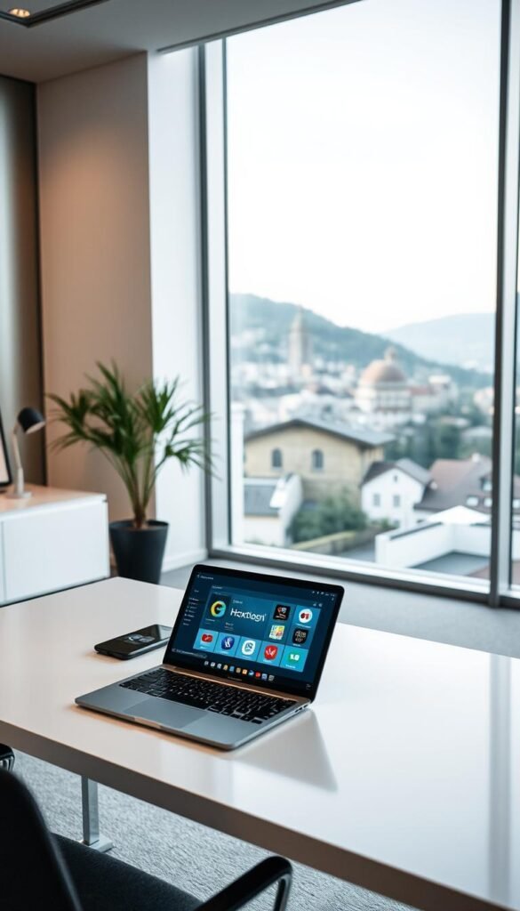 A serene, modern office setting showcasing the Hoxtoon Provider IPTV service in Austria. The scene features a sleek, minimalist desk with a laptop displaying the Hoxtoon Provider interface, surrounded by stylish furniture and large windows overlooking the Austrian cityscape. Soft, warm lighting illuminates the space, creating a professional and inviting atmosphere. The overall impression conveys the reliable and user-friendly nature of the Hoxtoon Provider IPTV service, tailored to the needs of the Austrian market.