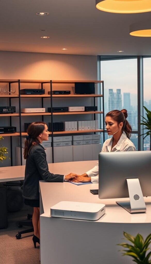 A serene office scene showcasing the Hoxtoon Provider brand. In the foreground, a customer service agent in a crisp, professional uniform assists an expat client on a sleek, modern workstation. Warm, indirect lighting bathes the space, creating a welcoming atmosphere. In the middle ground, shelves display Hoxtoon's reliable hardware and routers, symbolizing the company's commitment to stable and efficient IPTV services. The background features large windows overlooking a vibrant cityscape, representing Hoxtoon's global reach and dedication to empowering expats worldwide with top-tier entertainment and connectivity.