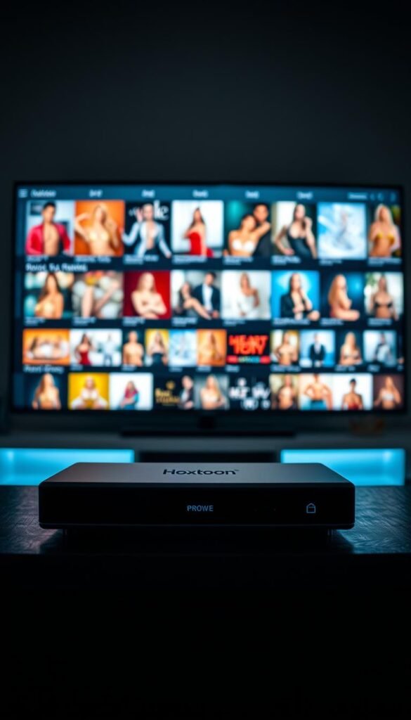 A serene, well-lit home entertainment setup with a sleek, modern IPTV device prominently displayed on a dark wood TV stand. The device has the "Hoxtoon Provider" branding clearly visible. In the background, a large, high-definition TV screen displays a diverse range of adult entertainment content, creating an immersive and discreet viewing experience. The overall scene conveys a sense of sophistication, privacy, and the convenience of on-demand access to a comprehensive library of adult programming.
