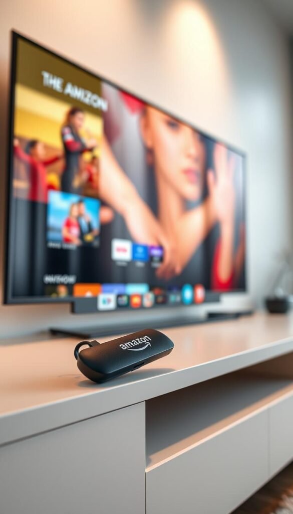 A sleek Amazon Firestick rests on a modern minimalist entertainment unit, its crisp interface showcasing the vibrant IPTV streaming experience provided by the Hoxtoon Provider. Soft, directional lighting illuminates the scene, highlighting the device's clean lines and the rich, vivid colors of the on-screen content. The atmosphere is one of effortless connectivity and immersive entertainment, perfectly capturing the seamless integration of the Firestick and the Hoxtoon IPTV service.