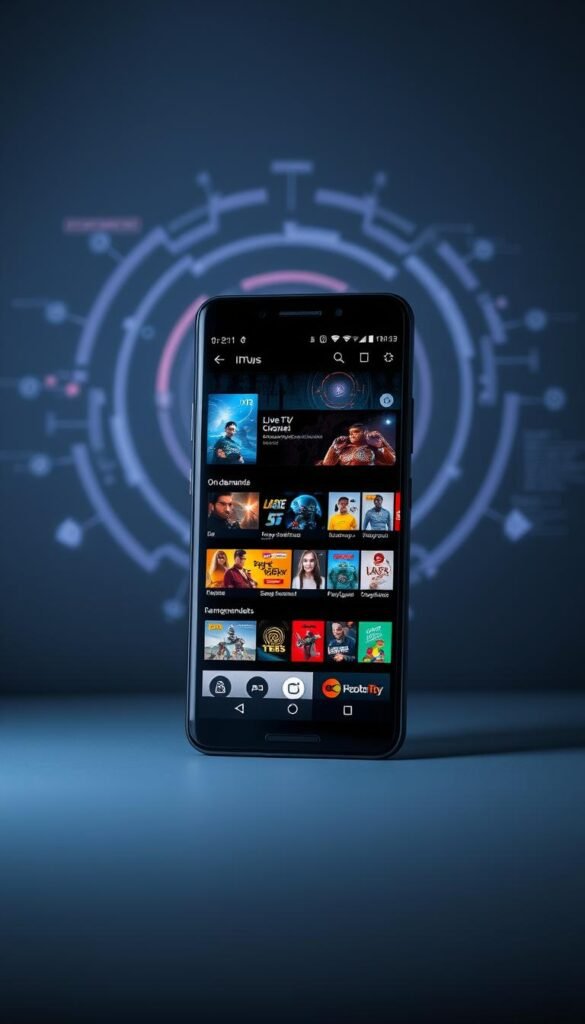 A sleek Android smartphone displaying the Hoxtoon Provider IPTV app interface. The screen showcases a modern, minimalist design with a grid of live TV channels, on-demand content, and personalized recommendations. The device is set against a stylish, futuristic background featuring holographic UI elements, pulsing data visualizations, and subtle neon accents that convey the advanced, cutting-edge nature of IPTV technology. Soft, diffused lighting creates a sophisticated, immersive atmosphere, while the overall composition highlights the seamless integration of IPTV capabilities within the Android ecosystem.