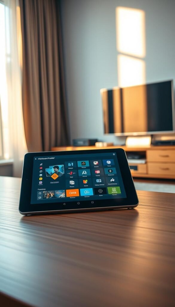 A sleek Android tablet resting on a minimalist wooden desk, its screen displaying the Hoxtoon Provider IPTV app's intuitive interface. The tablet is bathed in warm, natural lighting filtering through a nearby window, casting soft shadows across the scene. In the background, a modern living room setup with a large flatscreen TV and media center comes into focus, hinting at the seamless integration of the IPTV service. The composition conveys a sense of effortless technology and the comfort of a well-designed home entertainment system.