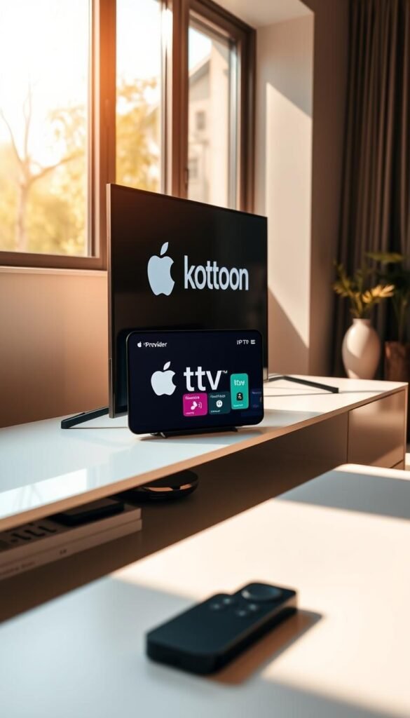 A sleek Apple TV device sitting atop a minimalist entertainment unit, the Hoxtoon Provider IPTV service displayed on its screen. The living room scene is bathed in warm, natural lighting from a large window, creating a cozy and inviting atmosphere. The Apple TV remote is within reach, hinting at the seamless user experience. The overall composition emphasizes the integration of IPTV technology into the modern, Apple-centric home setup, showcasing the effortless enjoyment of a vast content library on the big screen.