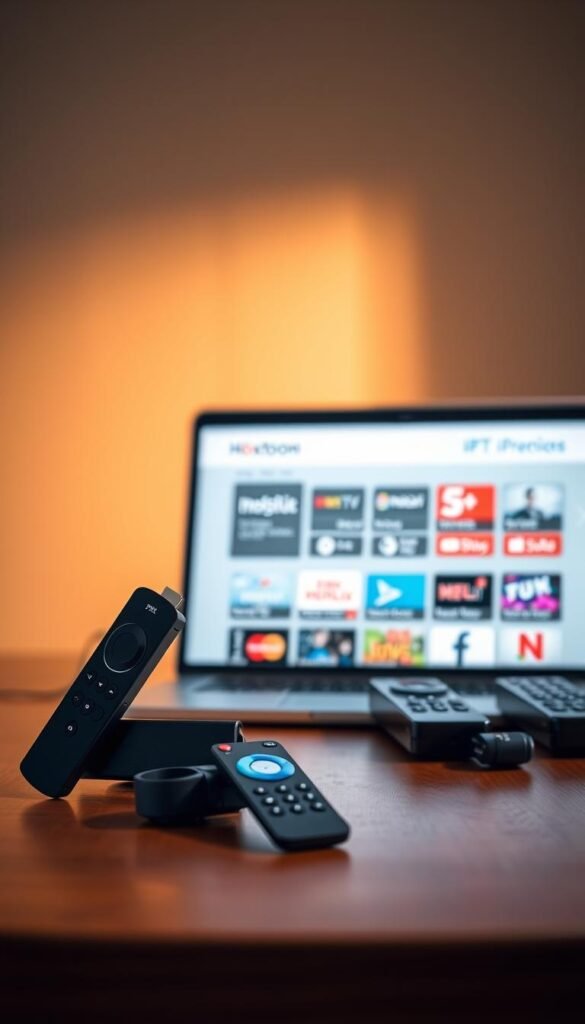 A sleek Firestick device resting on a minimalist wooden table, bathed in warm, directional lighting. In the foreground, a laptop screen displays the Hoxtoon Provider IPTV service interface, showcasing a clean, user-friendly design with intuitive navigation. The middle ground features various remote controls, highlighting the seamless integration between the Firestick and the IPTV subscription. The background blurs softly, creating a sense of focus on the key elements. The overall scene conveys a sense of effortless technology and reliable IPTV service for the Firestick user.