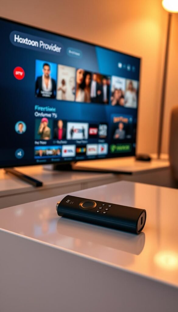 A sleek Firestick device rests on a modern, minimalist table, its glowing interface displaying the Hoxtoon Provider IPTV service. The screen showcases a diverse array of entertainment options, from live TV channels to on-demand content, all accessible through an intuitive and visually appealing user interface. Soft, warm lighting illuminates the scene, creating a cozy and inviting atmosphere. The Firestick's elegant design and the Hoxtoon Provider's seamless integration highlight the evolution of IPTV services, catering to the modern viewer's desire for convenience and high-quality entertainment on their preferred streaming device.