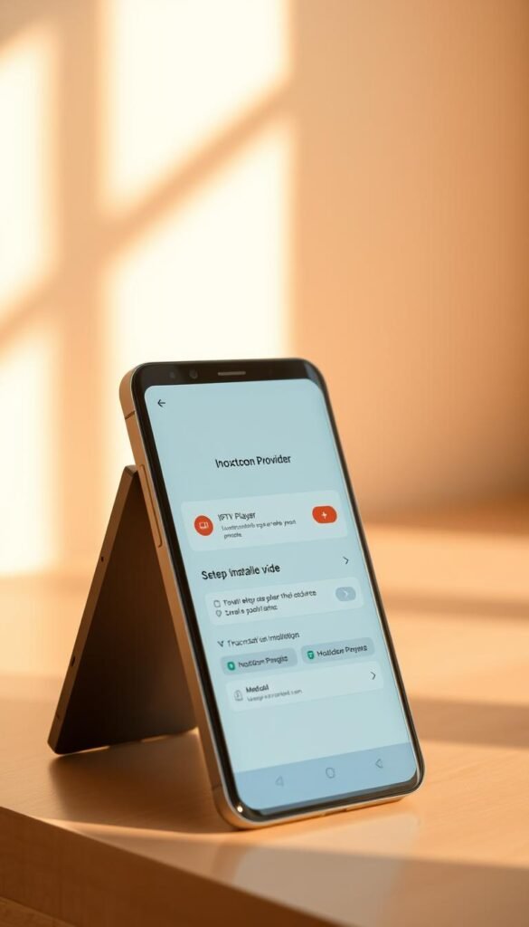A sleek and minimalist android device displaying the Hoxtoon Provider app interface, set against a soft, blurred background. The screen showcases a step-by-step installation guide for the IPTV player, with clean typography and intuitive iconography. Warm, natural lighting illuminates the scene, creating a welcoming and user-friendly atmosphere. The device is positioned at a slight angle, conveying a sense of dynamism and professionalism. The overall composition emphasizes the simplicity and accessibility of the Hoxtoon Provider IPTV app installation process on android devices.