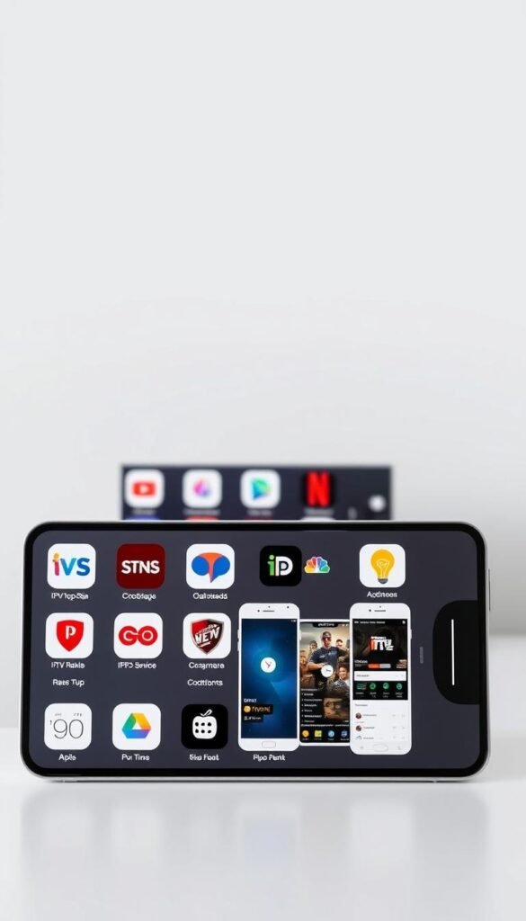 A sleek and minimalist comparison of the Hoxtoon Provider IPTV service alongside other top iOS IPTV apps. In the foreground, a grid-like layout showcases the app icons and logos of the leading IPTV services, each displayed on a modern, silver device screen. The middle ground features stylized app screenshots, highlighting their user interfaces and key features. In the background, a soft, blurred gradient creates a sense of depth and professionalism. The lighting is clean and directional, casting subtle shadows to accentuate the products. The overall mood is sophisticated and informative, reflecting the technical nature of the subject matter.