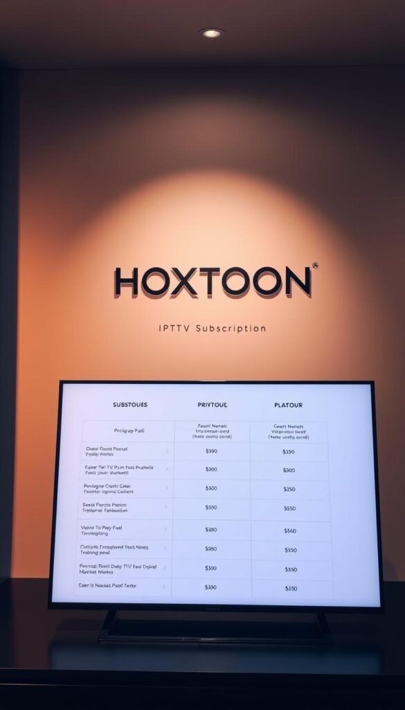 A sleek and minimalist interface showcasing the HOXTOON IPTV Subscription Plans. In the foreground, a simple pricing table displays the various plan options, highlighting the key features and costs. The table is rendered in a clean, elegant style with crisp typography. In the middle ground, the HOXTOON Provider brand name is prominently displayed, conveying a sense of trust and reliability. The background features a subtle pattern or texture, adding depth and visual interest without distracting from the main focus. The overall scene is bathed in a soft, warm lighting, creating a welcoming and professional atmosphere.