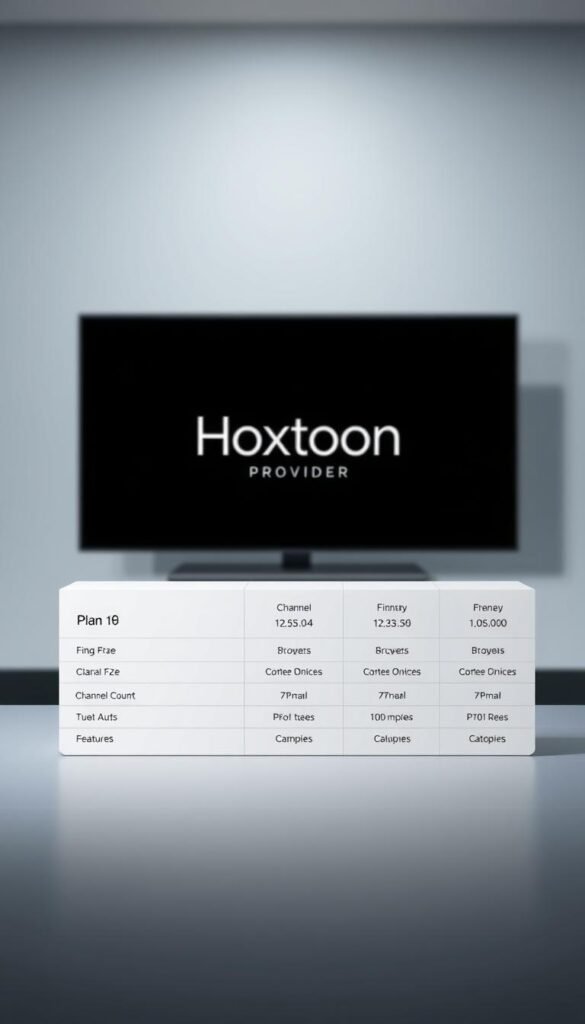 A sleek and minimalist interface showcasing the Hoxtoon IPTV Subscription Plans. In the foreground, a clean table-like display presents the plan options, each with distinct pricing, channel count, and feature details. The middle ground features a subtle grid pattern, adding a sense of structure and elegance. In the background, a soft, blurred gradient creates a calming, premium atmosphere, letting the plan details take center stage. The Hoxtoon Provider brand name is prominently displayed, conveying a sense of professionalism and reliability. Lighting is soft and diffused, creating a visually appealing and informative representation of the IPTV subscription options.