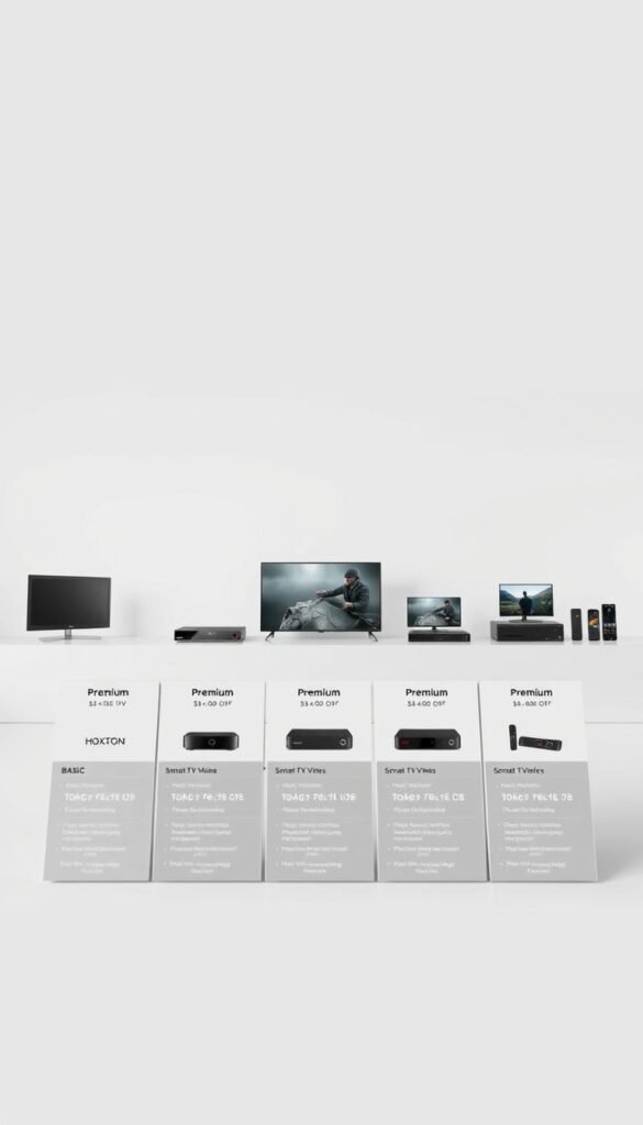 A sleek and minimalist interface showcasing the comprehensive IPTV packages offered by Hoxtoon Provider in Portugal. In the foreground, a series of neatly arranged tiles display the pricing options, from basic to premium, each with detailed service offerings. The middle ground features product shots of various devices compatible with the IPTV service, such as smart TVs, set-top boxes, and mobile devices, all against a neutral background that emphasizes the clean, modern aesthetic. In the background, a soft, gradient-based color scheme creates a sense of depth and sophistication, complementing the overall design. Lighting is natural and evenly distributed, with a slight directional emphasis to highlight the key elements. The overall mood is one of professionalism, accessibility, and a tailored solution for every budget.