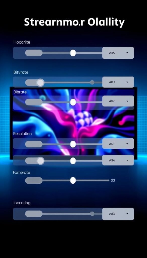 A sleek and minimalist interface showcasing the streaming quality options of the Hoxtoon IPTV provider. In the foreground, a series of toggles and sliders represent the various quality settings, with clear labels indicating the bitrate, resolution, and frame rate. The middle ground features a dynamic preview window, displaying a high-quality video feed with vibrant colors and crisp details. In the background, a subtle grid pattern evokes a sense of technological sophistication, complemented by a cool, blue-toned lighting scheme that creates a calm and professional atmosphere.