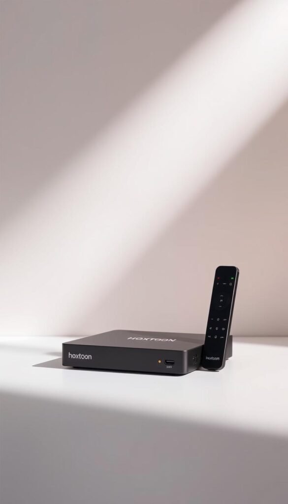 A sleek and modern Android TV box from the brand Hoxtoon Provider, showcased against a minimalist, light-filled backdrop. The device is prominently displayed, its clean lines and premium materials accentuated by soft, directional lighting that casts subtle shadows. The scene conveys a sense of high-end technology and seamless IPTV streaming performance, with the box positioned as the focal point, surrounded by a simple, uncluttered environment that allows its features to shine. The overall mood is one of sophistication and efficiency, hinting at the device's ability to deliver a top-tier IPTV experience.