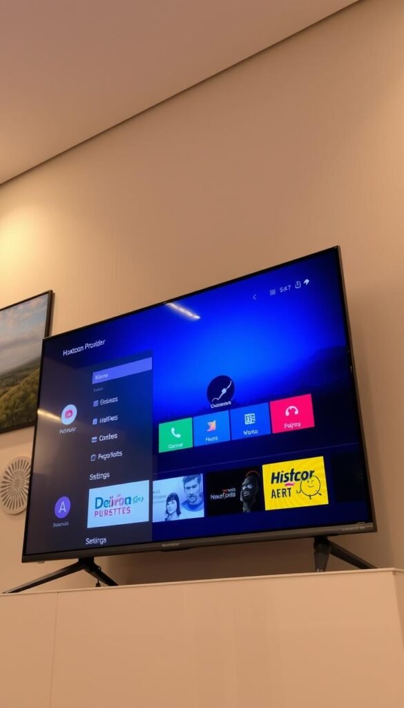 A sleek and modern Android TV interface, with the Hoxtoon Provider IPTV player prominently displayed on the screen. The UI features a clean and intuitive layout, with clear menu options for browsing channels, searching for content, and customizing settings. The lighting is soft and diffused, creating a warm and inviting atmosphere. The camera angle is slightly elevated, providing a dynamic and engaging perspective. In the background, subtle patterns and textures add depth and visual interest, while a hint of a city skyline or natural landscape suggests the broader context of the IPTV experience.